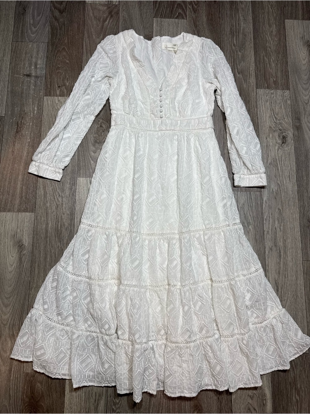 Anthropologie Somerset Embroidered Tiered Maxi Dress White V-Neck Size 8